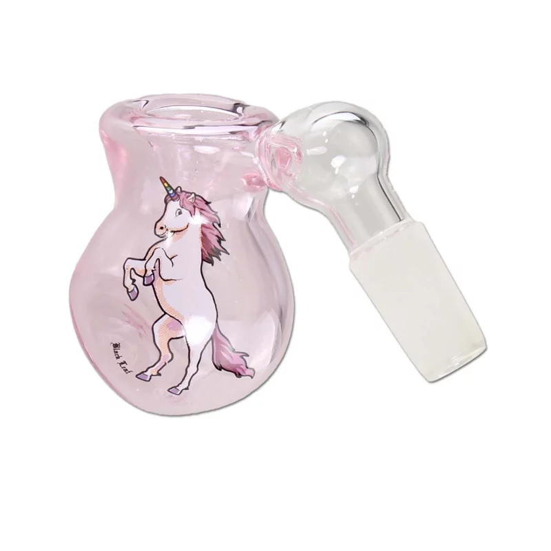 Bong-Kopf aus Glas, rosa, mit Einhorn und kleinem Black Leaf Logo als Motiv und integriertem Vorkühler