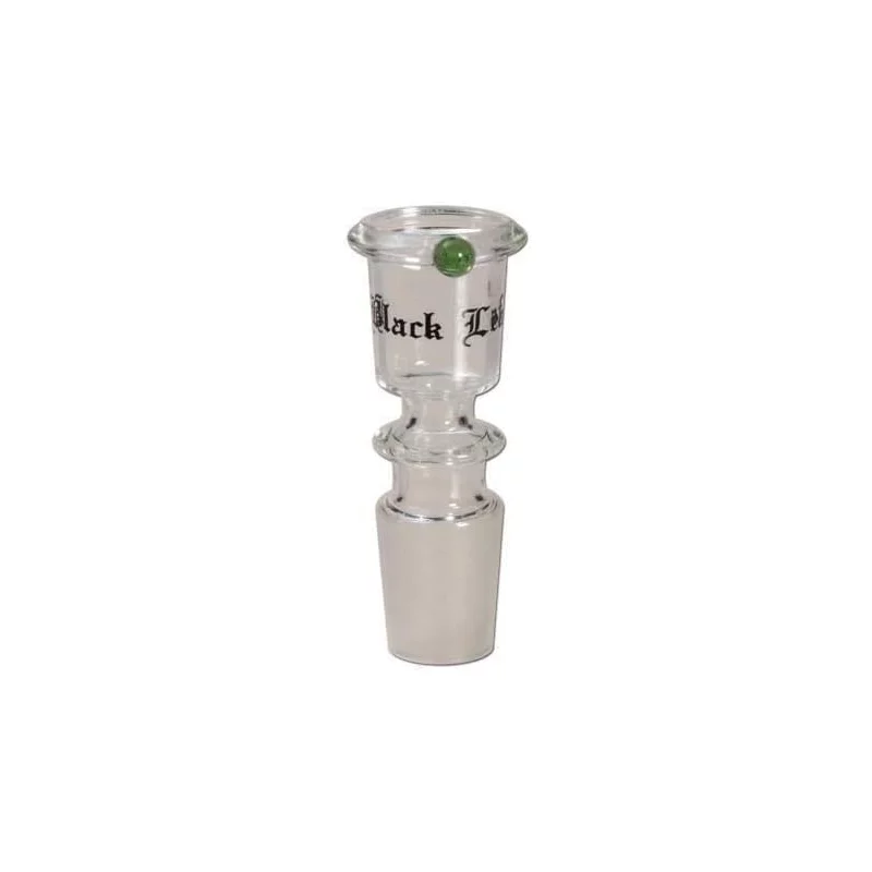 Bong-Kopf aus Glas, zylindrisch geformt, transparent mit schwarzem Black Leaf Logo auf Seite und grünem Rollstop oben am Rand