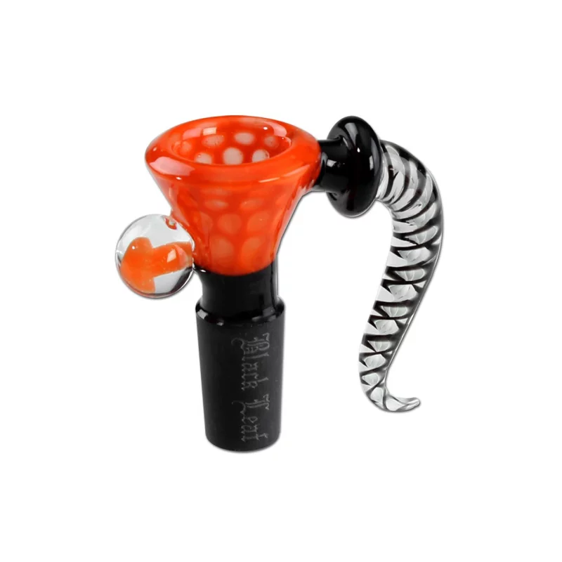 Bong-Kopf aus Glas, trichterförmig mit Rollstop und Lift-off-Griff in Form eines Tentakels, schwarz-weiß, Bowl ist orange mit hellen Flecken, Schliff ist schwarz