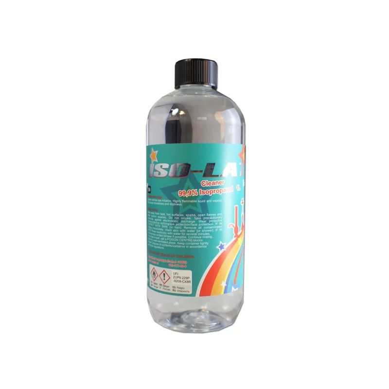 Flasche, transparenter Kunststoff mit schwarzem Deckel und türkisfarbenes Etikett, enthält Isopropanol, 99 %.