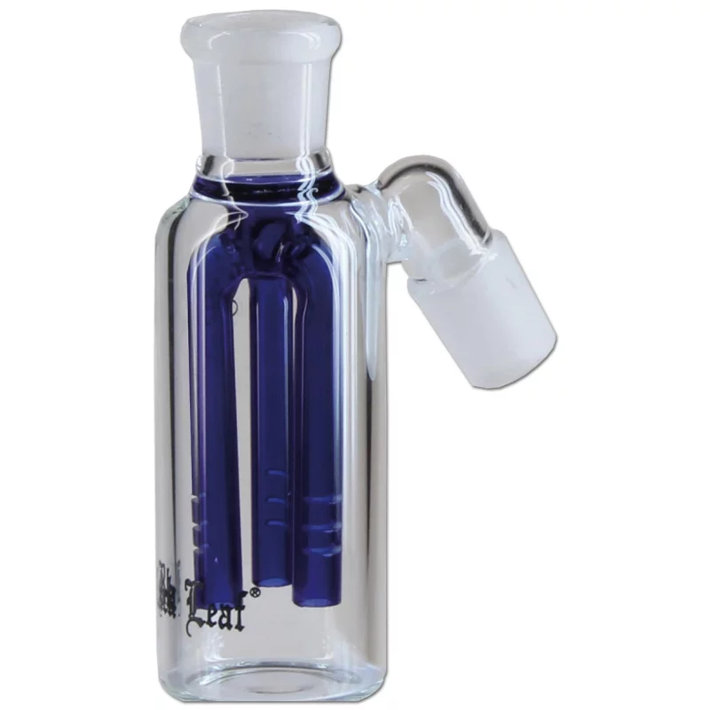 Vorkühler aus Glas mit blauem Persolator im inneren, schlcihte zylindrische Form, Black Leaf Logo auf Korpos
