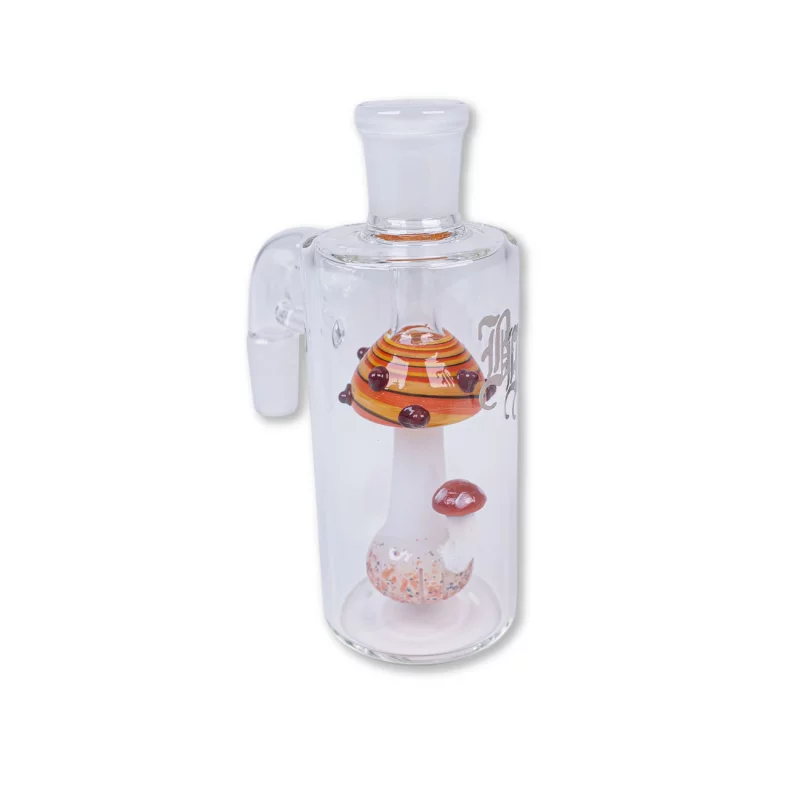 Vorkühler aus Glas für Bongs, transparent, im inneren ein Perkolator in Pilzform mit orangener Kappe