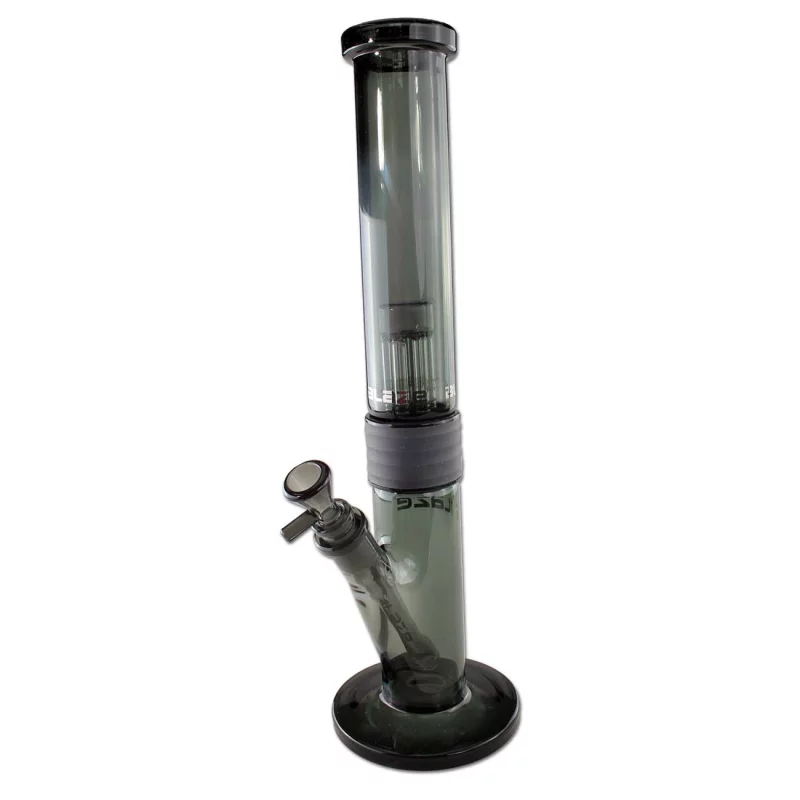 Zylinderbong aus grauem Glas, mit Standfuß und Köpfchen, im Inneren Perkolator sichtbar