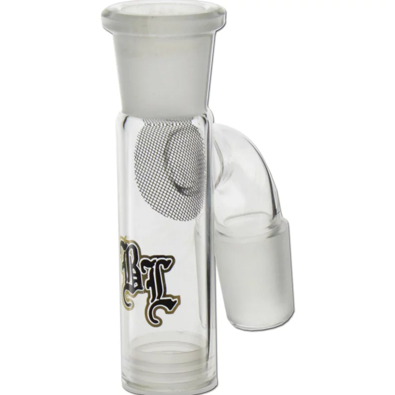 Aschefänger aus Glas, schmaler, zylindrischer Korpus, transparent, mit Sieb im Inneren, Black Leaf Logo auf Körper
