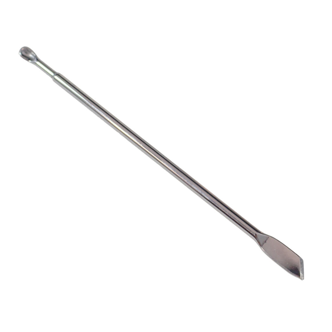 Dabbing-Tool, silberfarben, länglicher schlanker Stab, mit kleinem Spatel an der einen Seite und Portionierlöffel auf der anderen