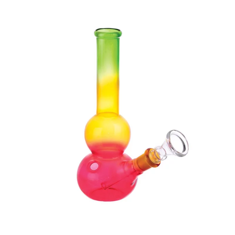 Kugelbong aus Glas, oben am Mundstück grün, Übergang zu Gelb und unten zu rot, doppelte Wasserkammer, mit Kickloch
