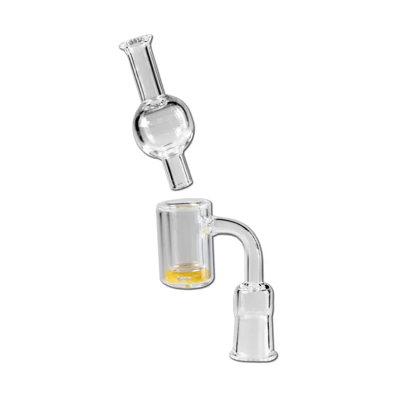 Banger aus Glas, transparent mit gelbem Boden, kugelförmige Carb Cap dazu passend