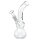 Bong aus klarem Glas mit gebogenem Rohr und rundem Korpus, herausnehmbares Chillum, schwarzes Logo vertikal am Hals platziert, leicht abgewinkelter Zylinder.