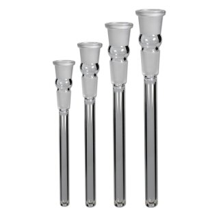 Glaskopf mit transparenter Kuppel auf zylindrischem Schaft aus klarem Glas, obere und untere Verbindung mattiert. Einfaches Design ohne Verzierungen, geeignet für Wasserpfeifen.