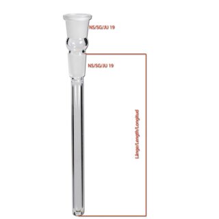 Glas-Chillum, zylindrische Form, transparenter Glaskörper, kugelförmige Verdickung in der Mitte, 18/8-Schliff, klares Glas mit mattem Ansatz, keine weiteren Merkmale erkennbar.