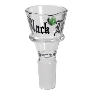 Bong-Kopf, Glas-Kopf Black Leaf, NS14 Rillen-Kopf mit Rinne für 20 mm Einlege-Siebe, mit Rollstopp