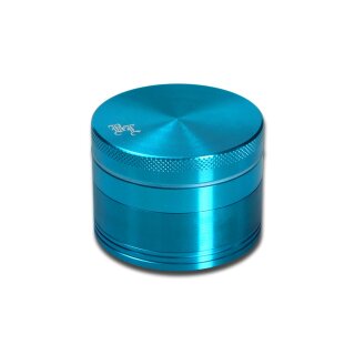 Aluminium Grinder zylindrisch blaues Aluminium, mehrteilig, mit gerändeltem Deckelrand und seitlicher Gravur auf oberer Fläche.