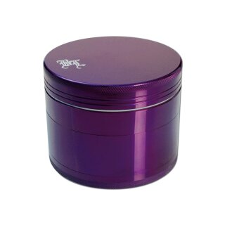 Aluminium Grinder, zylindrisch, metallisch violett, vierteilig, geriffelter Rand oben, sichtbares Logo auf Deckel, glatte Seitenflächen, stapelbares Design, schimmernde Oberfläche.