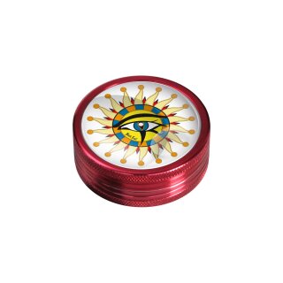 Grinder, rund, Aluminium, rotes Gehäuse, transparentes Oberteil mit buntem Auge-und-Sonne-Motiv, geriffelter Rand für besseren Halt.