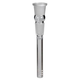 Glas Chillum mit Schlitzdiffusor, klar. Zylindrische Form, robustes Borosilikatglas. Oben verjüngter Schliff, nahtloser Übergang. Unterseite mit mehreren Schlitzöffnungen für bessere Filtration.