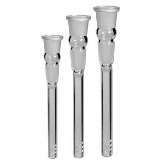 Glas Chillum mit Schlitzdiffusor, klar. Zylindrische Form, robustes Borosilikatglas. Oben verjüngter Schliff, nahtloser Übergang. Unterseite mit mehreren Schlitzöffnungen für bessere Filtration., 120 mm