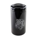 Vorratsbehälter, zylindrische Form, violettes Glas. Silberfarbiges Logo auf der Vorderseite mittig platziert. Abnehmbarer Deckel mit Thermo- + Hygrometer oben, glatt abgerundete Kanten., 120 ml