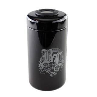 Vorratsbehälter, zylindrische Form, violettes Glas. Silberfarbiges Logo auf der Vorderseite mittig platziert. Abnehmbarer Deckel mit Thermo- + Hygrometer oben, glatt abgerundete Kanten., 1000 ml