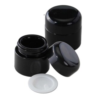 Zwei violette Glasbehälter mit abschraubbarem Deckel, einer geschlossen, einer geöffnet dargestellt, daneben ein abgenommener weißer Innendeckel. Oberfläche glänzend, rundes kompaktes Design., 10 ml