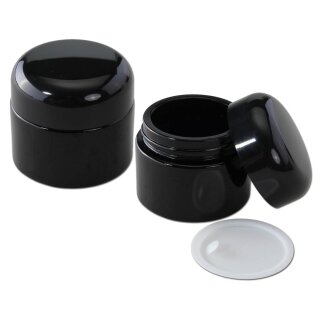 Zwei violette Glasbehälter mit abschraubbarem Deckel, einer geschlossen, einer geöffnet dargestellt, daneben ein abgenommener weißer Innendeckel. Oberfläche glänzend, rundes kompaktes Design., 50 ml