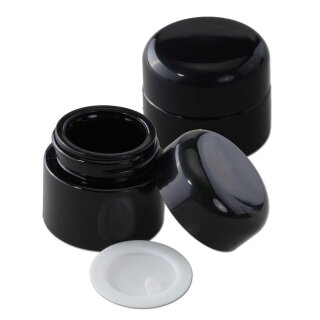 Zwei violette Glasbehälter mit abschraubbarem Deckel, einer geschlossen, einer geöffnet dargestellt, daneben ein abgenommener weißer Innendeckel. Oberfläche glänzend, rundes kompaktes Design., 100 ml