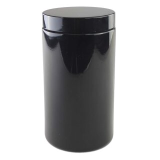 Zwei violette Glasbehälter mit abschraubbarem Deckel, einer geschlossen, einer geöffnet dargestellt, daneben ein abgenommener weißer Innendeckel. Oberfläche glänzend, rundes kompaktes Design., 500 ml