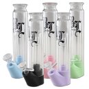 \Bong aus klarem Glas mit rosa Fuß und schwarzem...