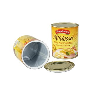 Konservendose geöffnet und geschlossen, gelb etikettiert, Aufdruck Mildessa, mildes Weinsauerkraut, Marke oben. Geöffnete Dose zeigt Innenansicht mit Deckel vorne.