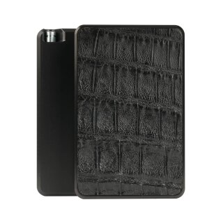 Schwarzes, rechteckiges Metalldöschen, dessen Außenseite mit Krokodilleder dekoriert wurde, die Rückseite ist glatt.
