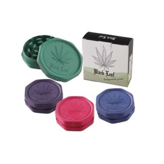 Biologisch abbaubarer Kräutergrinder, achteckig, aus grünem, lila, rotem und blauem Kunststoff mit Blattmotiv und Black Leaf-Schriftzug