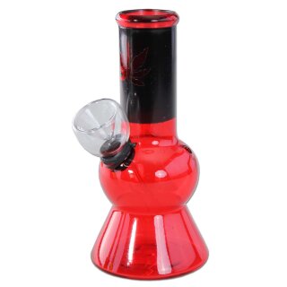 Bong aus Glas, bauchige Form, rotes und schwarzes Design, erkennbares Hanfblatt auf schwarzem Hals, klares Glasköpfchen.