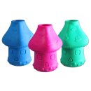 Silikon-Bong, pilzförmig, in Blau, Pink und Grün. Strukturierte Oberfläche mit runden und quadratischen Formen. Keine sichtbaren Anschlüsse oder Logos.