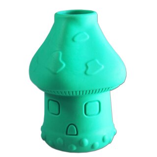 Silikon-Bong in Pilzform, türkis gefärbt, sichtbare eingeprägte Details auf Dach und Korpus, rundes Fensterdesign, keine weiteren Anbauteile erkennbar, insgesamt glatte Oberfläche.