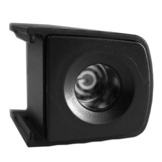 Schwarzes Kunststoffgehäuse mit runder Glaslinse in der Mitte und spiralförmiger Struktur im Inneren, rechteckige Form mit abgerundeten Ecken, glatte Oberfläche.