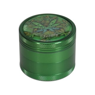 Grinder, rund, Metall, grün, transparentes Oberteil mit Blattmuster, strukturierter Rand für besseren Griff.