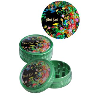 Grinder, rund, Metall, grün mit mehrfarbigem psychedelischem Pilzdruck auf dem Deckel, Marke Black Leaf zentral auf dem Druck, scharfe Zähne innen sichtbar.