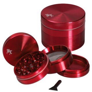Red Grinder, Aluminium, vierteilig, mit abnehmbaren Deckel. Unterer Teil mit Sieb. Metallisch-rote Farbe, seitlich graviertes BL-Logo. Beiliegendes Plastikwerkzeug.