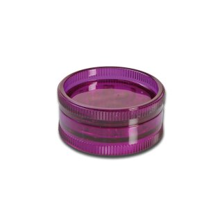 \Grinder aus transparentem, lila Acryl, zweiteilig, mit geriffeltem Rand für besseren Halt und klaren Zähnen im Inneren, runde Form.\