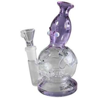 \Bong aus klarem Glas mit lila Akzenten, kugelförmiger Korpus, aufgesetztes Stecksystem, durchsichtiger Kopf, gewellter Rand, weißer Schliff, dekorative Augen, runde Basis.\