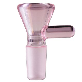 Glaskopf pinker Farbe für Bong, konische Form, Griff seitlich, klarer Glasverbinder am unteren Ende.