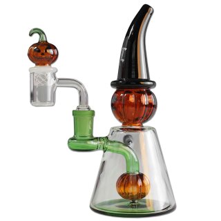 Bong aus klarem Glas in Kegelform mit grünem und orangenem Akzent