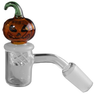 \Banger mit Kürbisdesign, aus klarem Glas mit orangefarbenem Kürbiskopfdeckel und grünem Griff. Spiralförmiges Inneres und 90-Grad-Anschluss. Geeignet für Dab Rigs.\