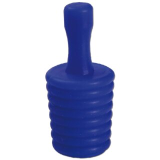 Blauer Silikon-Schliffstopfen mit zylindrischer, gerippter Form und kurzem Griff oben.
