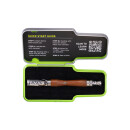 plaintextVaporizer in Metallgehäuse mit holzfarbener Griffschale, präsentiert in geöffneter Kunststoffkassette mit schwarzer Einlage. Oben im Deckel eine Bedienungsanleitung und ein QR-Code.