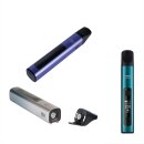 Vaporizer in zylinderförmigem Design mit metallischem Gehäuse in Blau, Silber und Türkis. Sichtbar sind ein Mundstück aus schwarzem Kunststoff und ein LED-Display mit Temperaturanzeige.