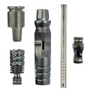 Vaporizer-Teile-Set aus gebürstetem Metall, bestehend aus einer Heizkappe, einem Twist-Einsatz, einem Mittelteil mit Sichtfenster, einem langen Kühlröhrchen und einem Mundstück.