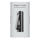 Verpackung zu Vaporizer PAX FLOW in Schwarz, Gerät mit zylindrischer Form und glatter Oberfläche vorn abgebildet, weißer Karton.