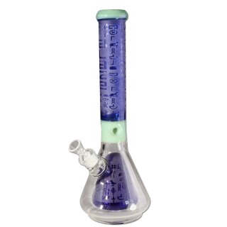 Bong, Kolbenform, transparentes Glas, blaues Design, mintgrüner Mundstückrand und Eiskammer-Teil, sichtbarer Schliffansatz, verziert mit ägyptischen Symbolen auf Hals und im Inneren des Korpus.
