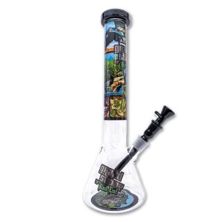 Bong aus klarem Glas mit konischem Unterteil, mehrfarbigem Druck auf dem Hals und schwarzem Mundstück. Schwarzes Glasstecksystem befindet sich rechts mit sichtbarem Logo Gravestone of Black Leaf.