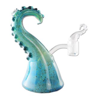 Dab Rig aus Glas mit blau-grünem tentakelartigem Korpus und transparentem Glasarm mit gewelltem Ende, runder Standfuß.